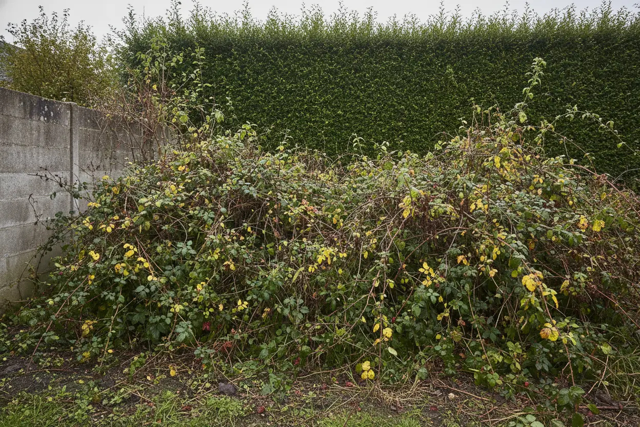 Fond de jardin envahi de broussailles denses devant une haie à Saint-Quentin